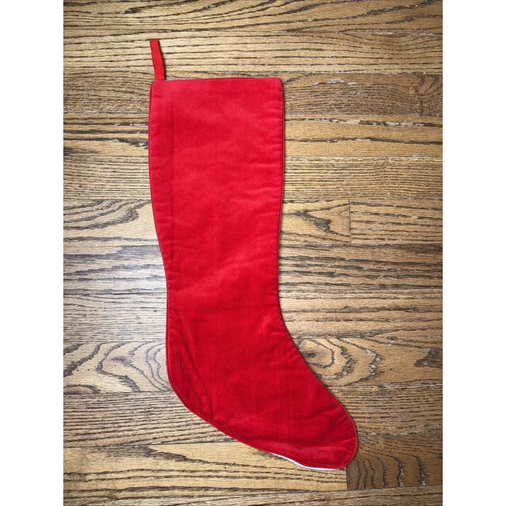 Vintage Needlepoint Christmas Stocking Sleeping Bear Red Velvet Left Hanging